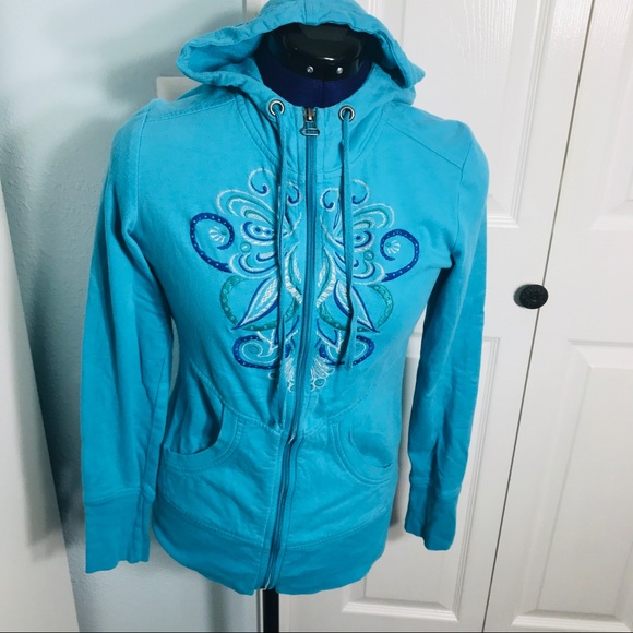 Athleta Tops - Athleta Embroidered Full Zip Teal Yoga Hoodie XS